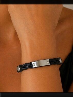 3 Plunder Black Braided Leather ID Bracelet with Silver Plate